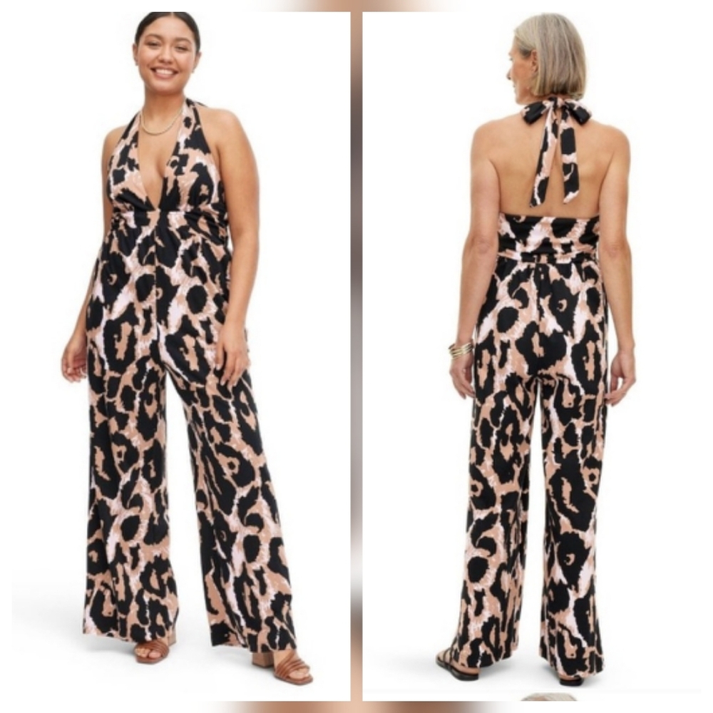 Diane Von Furstenberg x Target Leopard Plunge Halter Neck Wide Leg Jumpsuit